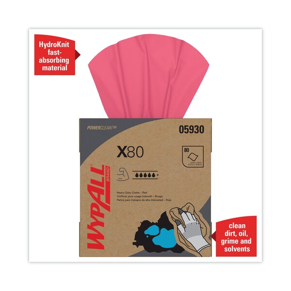 Wypall X80 Cloths with HYDROKNIT, 9.1 x 16.8, Red, Pop-Up Box, PK400 - 412-05930