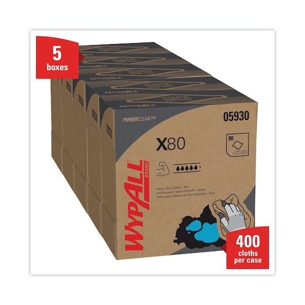 Wypall X80 Cloths with HYDROKNIT, 9.1 x 16.8, Red, Pop-Up Box, PK400 - 412-05930