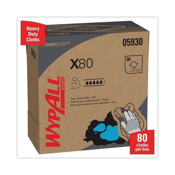 Wypall X80 Cloths with HYDROKNIT, 9.1 x 16.8, Red, Pop-Up Box, PK400 - 412-05930
