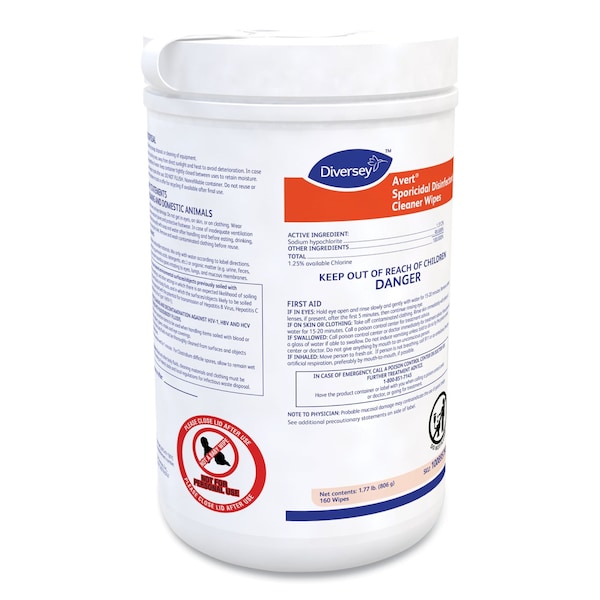 Diversey Sporicidal Disinfectant Cleaner Wipes, Chlorine, 6 x 7, 160/Can, PK12 - 100895790