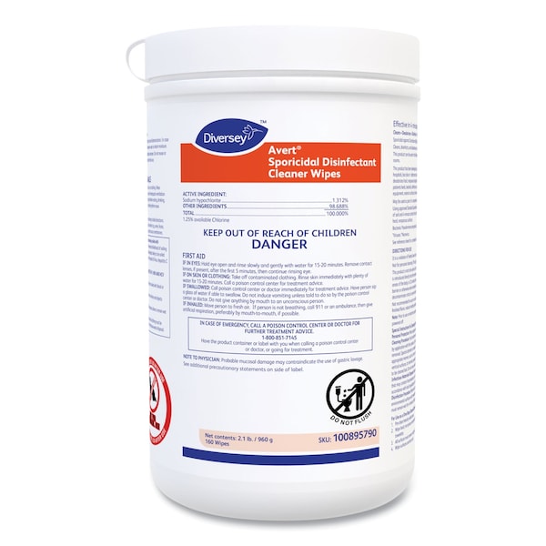 Diversey Sporicidal Disinfectant Cleaner Wipes, Chlorine, 6 x 7, 160/Can, PK12 - 100895790