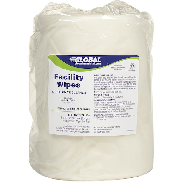 Global Industrial Facility Wipes, 800 Wipes/Refill Roll, 2PK - 641193