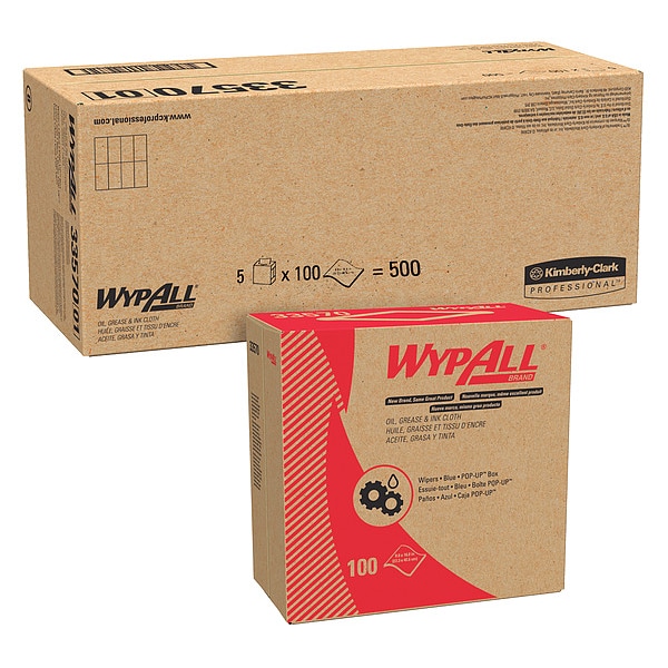 Kimberly-Clark Professional WypAll Oil, Grease & Ink Cloths (33570), Pop-Up Box, Lint-Free, Blue (100 Sheets/Pack, 5 Packs/Case) - 33570