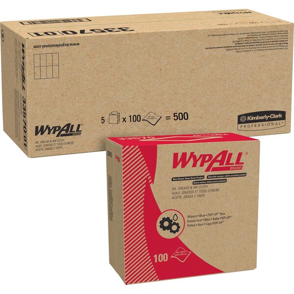 Kimberly-Clark Professional WypAll Oil, Grease & Ink Cloths (33570), Pop-Up Box, Lint-Free, Blue (100 Sheets/Pack, 5 Packs/Case) - 33570