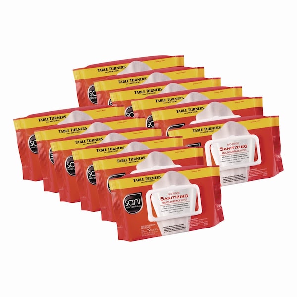 Sani Professional No-Rinse Sanitizing Multi-Surface Wipes, 1-Ply, 8 x 9, Unscented, White, 72 Wipes, PK12 - M30472