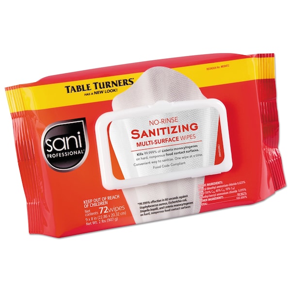 Sani Professional No-Rinse Sanitizing Multi-Surface Wipes, 1-Ply, 8 x 9, Unscented, White, 72 Wipes, PK12 - M30472