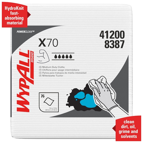 Kimberly-Clark Professional WypAll PowerClean X70 Medium Duty Cloths (41200), Quarterfold, Long Lasting Towels, White - 41200