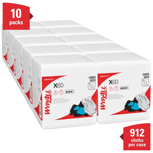 Kimberly-Clark Professional WypAll GeneralClean X60 Multi-Task Cleaning Cloths (34865), Quarterfold, Strong & Absorbent, White - 34865