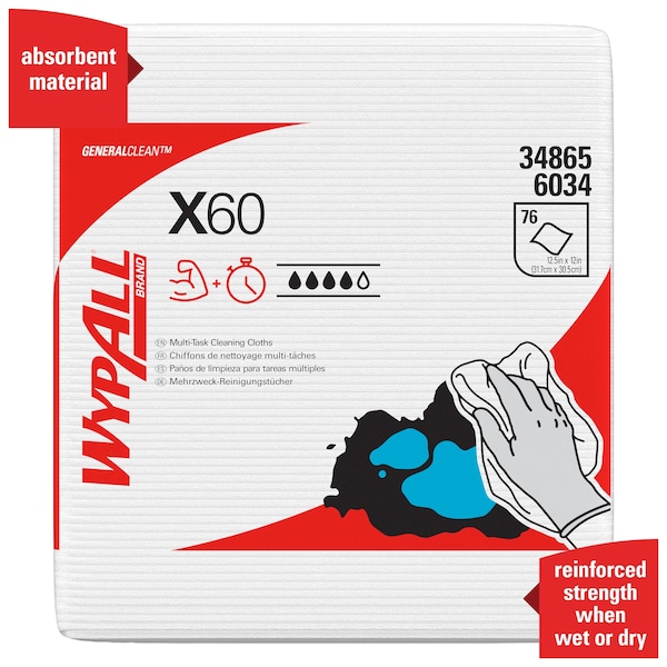Kimberly-Clark Professional WypAll GeneralClean X60 Multi-Task Cleaning Cloths (34865), Quarterfold, Strong & Absorbent, White - 34865