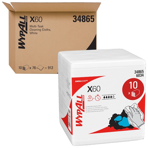 Kimberly-Clark Professional WypAll GeneralClean X60 Multi-Task Cleaning Cloths (34865), Quarterfold, Strong & Absorbent, White - 34865