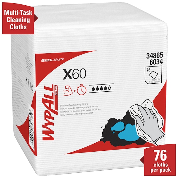 Kimberly-Clark Professional WypAll GeneralClean X60 Multi-Task Cleaning Cloths (34865), Quarterfold, Strong & Absorbent, White - 34865