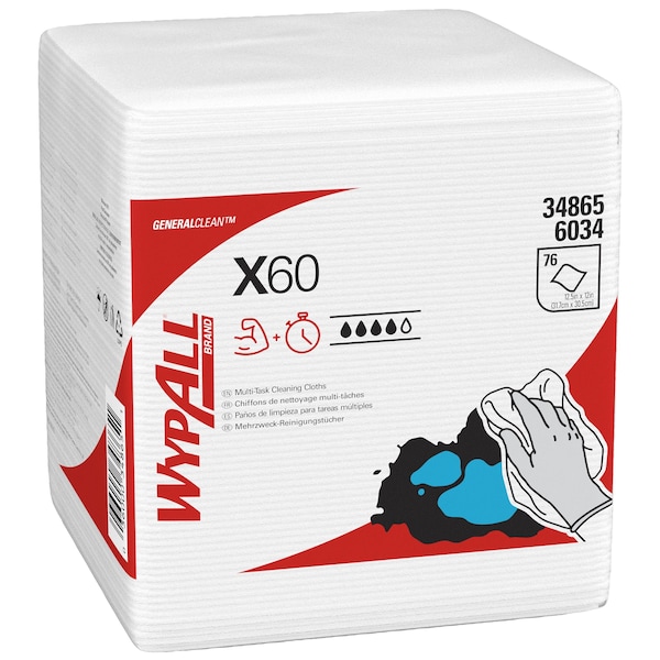 Kimberly-Clark Professional WypAll GeneralClean X60 Multi-Task Cleaning Cloths (34865), Quarterfold, Strong & Absorbent, White - 34865