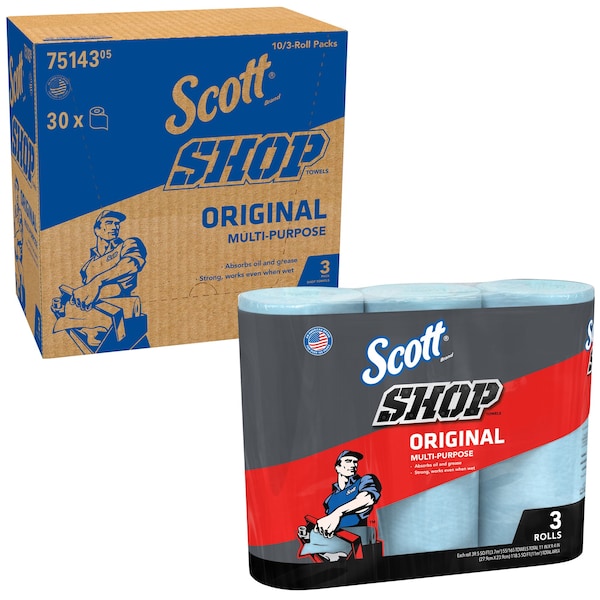 Kimberly-Clark Professional Scott Shop Towels Original (75143), Blue, 55 Towels/Roll, 30 Rolls/Case 10 Bundles of 3 Rolls - 75143