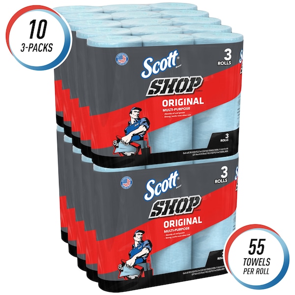 Kimberly-Clark Professional Scott Shop Towels Original (75143), Blue, 55 Towels/Roll, 30 Rolls/Case 10 Bundles of 3 Rolls - 75143