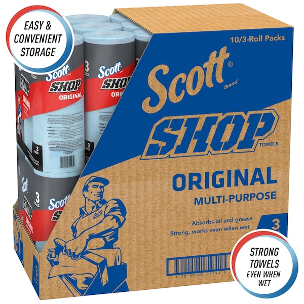 Kimberly-Clark Professional Scott Shop Towels Original (75143), Blue, 55 Towels/Roll, 30 Rolls/Case 10 Bundles of 3 Rolls - 75143