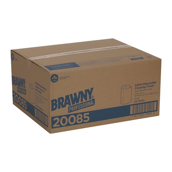 Georgia-Pacific Dry Wipe Roll, Brawny D300, Poly Wrap, 60 ft, Double Recreped (DRC), 9 1/4 in x 11 in, White, 20 Pk - 20085