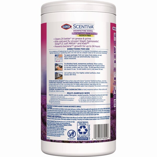 Clorox Scentiva Bleach Free Cleaning Wipes, 7.75 x 7, Tuscan Lavender and Jasmine, 75 Wipes - 60040
