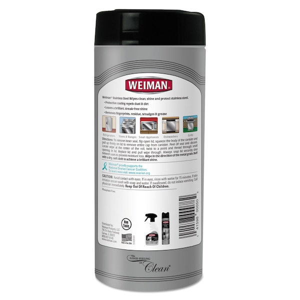 Weiman Stainless Steel Wipes, 7 x 8, 30/Canister, PK4 - 92CT