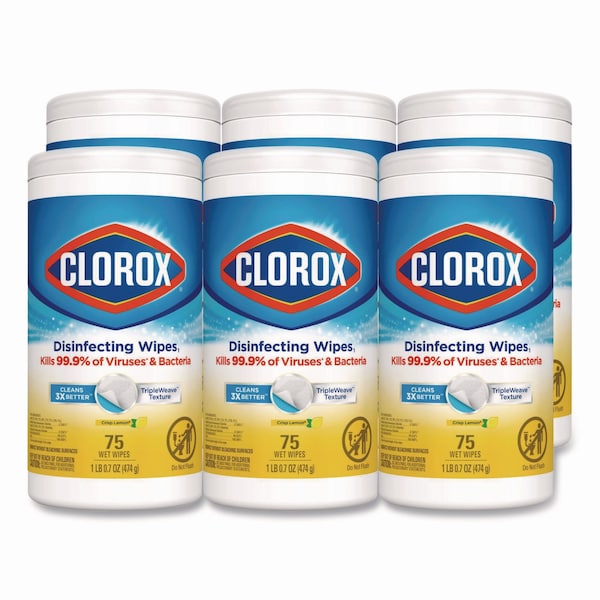 Clorox Disinfecting Wipes, 7 x 7.75, Crisp Lemon, 75/Canister, 6PK - 01628