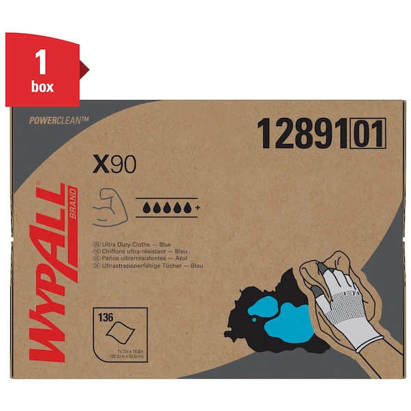 Kimberly-Clark Professional WypAll Power Clean X90 Ultra Duty Cloths (12891), Wipes BRAG BOX, Blue Denim, 1 Box / Case - 12891