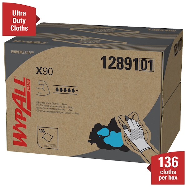 Kimberly-Clark Professional WypAll Power Clean X90 Ultra Duty Cloths (12891), Wipes BRAG BOX, Blue Denim, 1 Box / Case - 12891