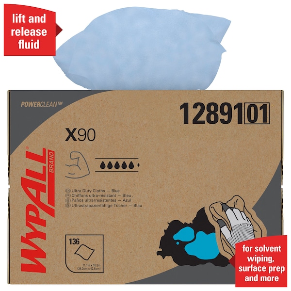 Kimberly-Clark Professional WypAll Power Clean X90 Ultra Duty Cloths (12891), Wipes BRAG BOX, Blue Denim, 1 Box / Case - 12891