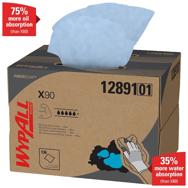 Kimberly-Clark Professional WypAll Power Clean X90 Ultra Duty Cloths (12891), Wipes BRAG BOX, Blue Denim, 1 Box / Case - 12891