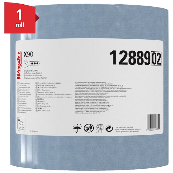 Kimberly-Clark Professional WypAll Power Clean X90 Ultra Duty Cloths (12889), Wipes Jumbo Roll, Blue Denim, 1 Roll /Case - 12889