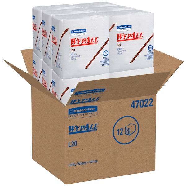 Kimberly-Clark Professional WypAll General Clean L20 Medium Cleaning Cloths (47022), Quarterfold Format, White, 4-Ply, 12 Packs - 47022