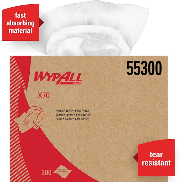 Wypall WypAll Power Clean X70 Medium Duty Cloths (55300), Brag Box, White, 1 Box with 200 Sheets - 55300