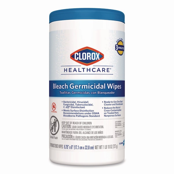 Clorox Bleach Germicidal Wipes, 6.75 x 9, Unscented, 70/Canister - 35309