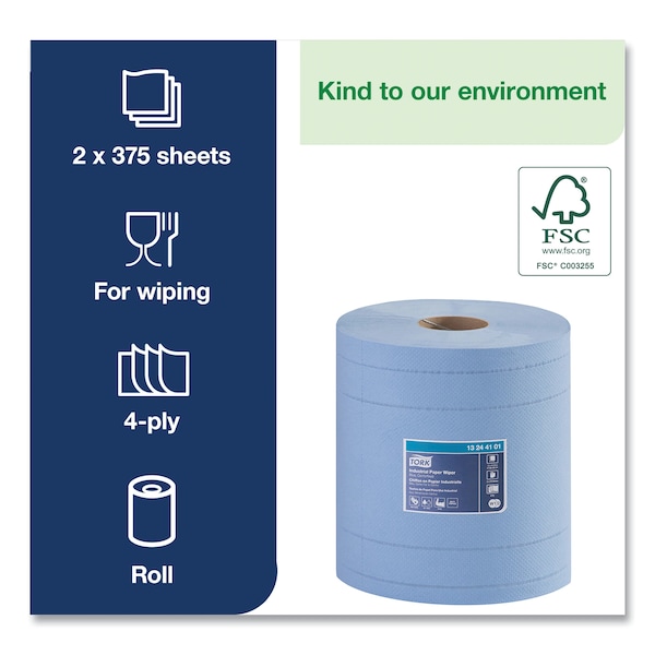 Tork Tork Industrial Wiper Blue W1/W2, Centerfeed, 2 x 375 Sheets, 13244101 - 13244101
