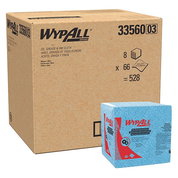 Kimberly-Clark Professional WypAll Oil, Grease & Ink Cloths (33560), Quarterfold, Lint-Free, Blue (66 Sheets/Pack, 8 Packs/Case) - 33560
