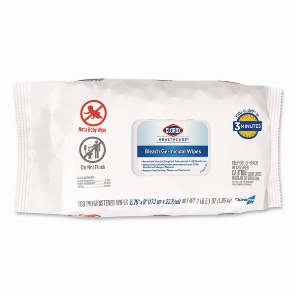 Clorox Bleach Germicidal Wipes, 6.75 x 9, Unscented, 100 Wipes, 6PK - 32621