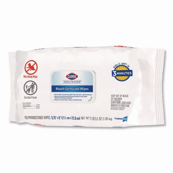 Clorox Bleach Germicidal Wipes, 6.75 x 9, Unscented, 100 Wipes, 6PK - 32621