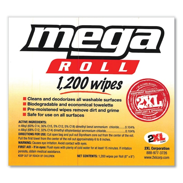 2Xl Gym Wipes Mega Roll Refill, 8 x 8, White, 1200/Roll, PK2 - TXL L420