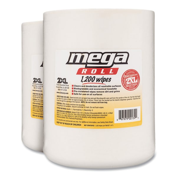 2Xl Gym Wipes Mega Roll Refill, 8 x 8, White, 1200/Roll, PK2 - TXL L420