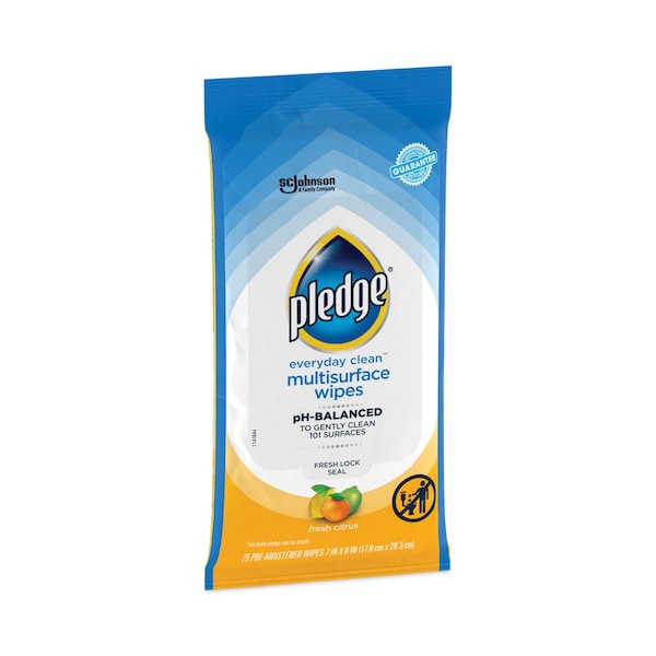 Pledge Multi-Surface Cleaner Wet Wipes, Cloth, 7 x 10, Fresh Citrus, 25 Wipes, 12PK - 319249
