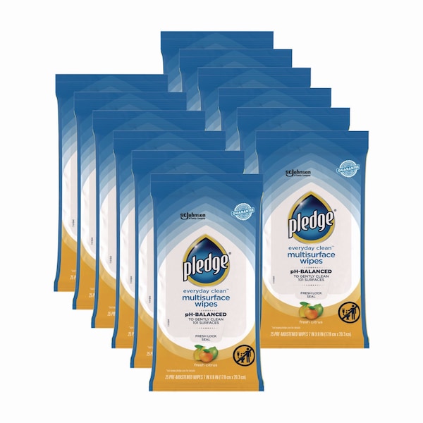 Pledge Multi-Surface Cleaner Wet Wipes, Cloth, 7 x 10, Fresh Citrus, 25 Wipes, 12PK - 319249