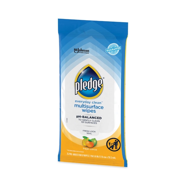 Pledge Multi-Surface Cleaner Wet Wipes, Cloth, 7 x 10, Fresh Citrus, 25 Wipes, 12PK - 319249