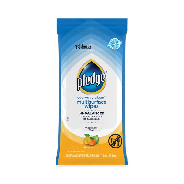 Pledge Multi-Surface Cleaner Wet Wipes, Cloth, 7 x 10, Fresh Citrus, 25 Wipes, 12PK - 319249