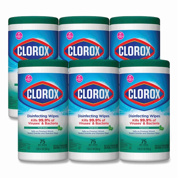 Clorox Disinfecting Wipes, Fresh Scent, 7 x 8, White, 75/Canister, PK6 - CLO 01656