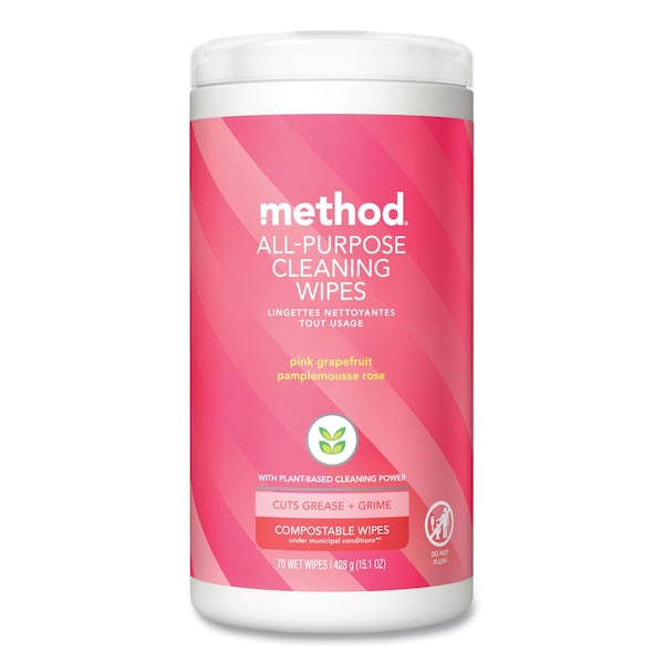 Method All Purpose Cleaning Wipes, 1 Ply, Pink Grapefruit, White, 70 Wipes, 6PK - 338527