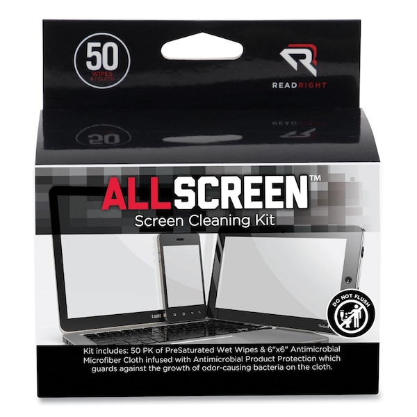 Read Right AllScreen Cleaning Kit with (1) 6 x 6 Microfiber Cloth, (50) 4 x 5 Wipes, Unscented, White - RR15039