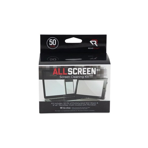 Read/Right Read Right, Allscreen Screen Cleaning Kit, 50 Wipes, 1 Microfiber Cloth - RR15039