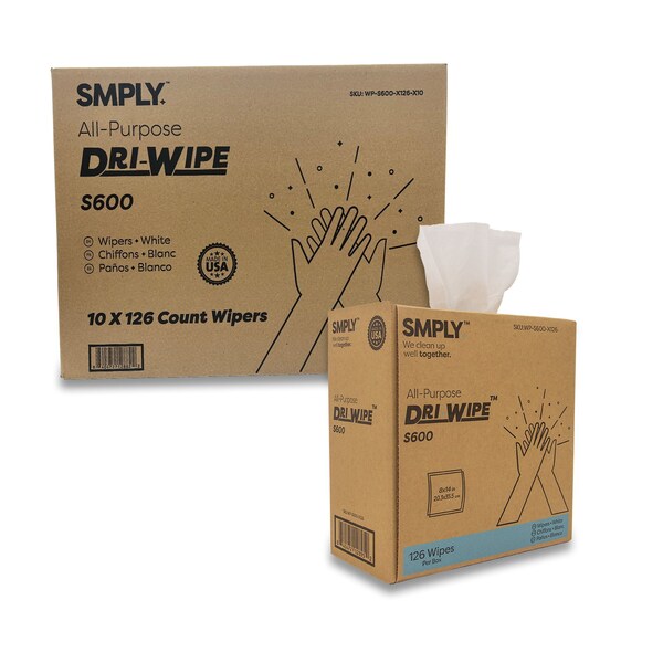 Smply Brands S600 Dri-Wipe by, Center-Pull Box, 126 Wipes per Box, 10PK - S600-X126-X10