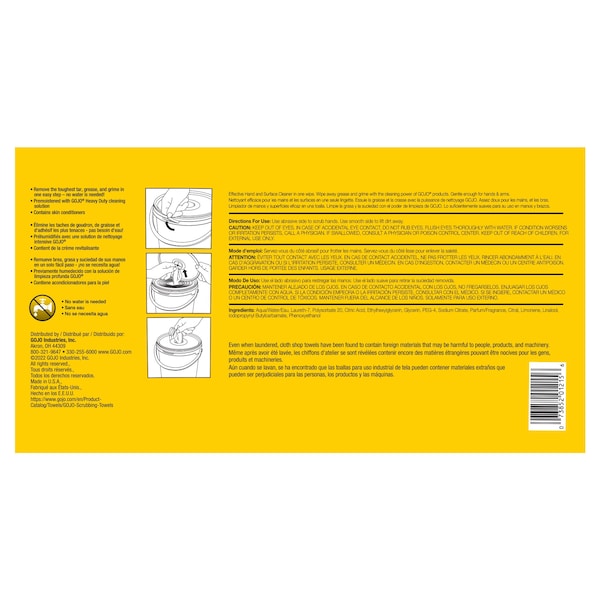 Gojo GOJO Hand and Surface Wet Towels, 170 Wipes per Container, Bucket, Citrus, 12 in L x 10.5 in W - 6398-02