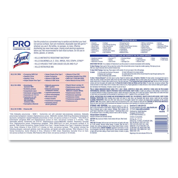 Lysol Professional Disinfecting Wipe Bucket, 1-Ply, 6 x 8, Lemon and Lime Blossom, White, 800 Wipes - 19200-99856
