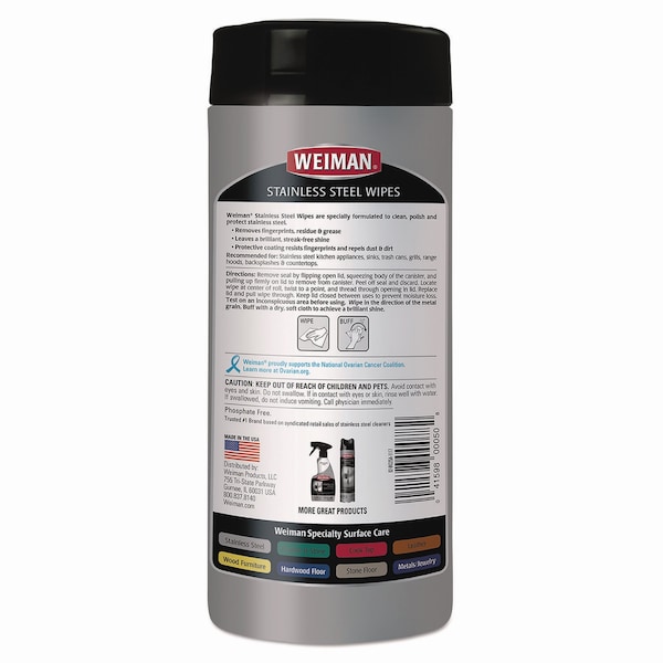 Weiman Stainless Steel Wipes, 7 x 8, 30/Canister - 92