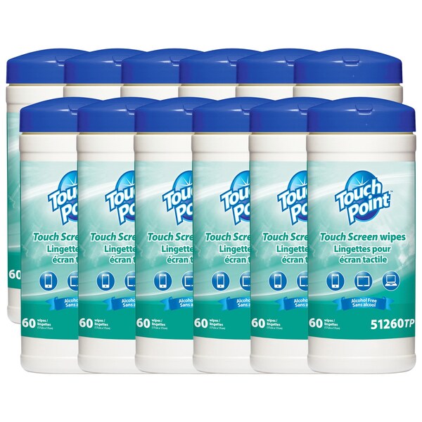 Touch Point Wipes TP Touch Screen Wipes - 12 Canisters x 60 Wipes, Anti-Static, Alcohol-Free, 6.7 in. x 6.7 in., 12PK - 51260TP-CS